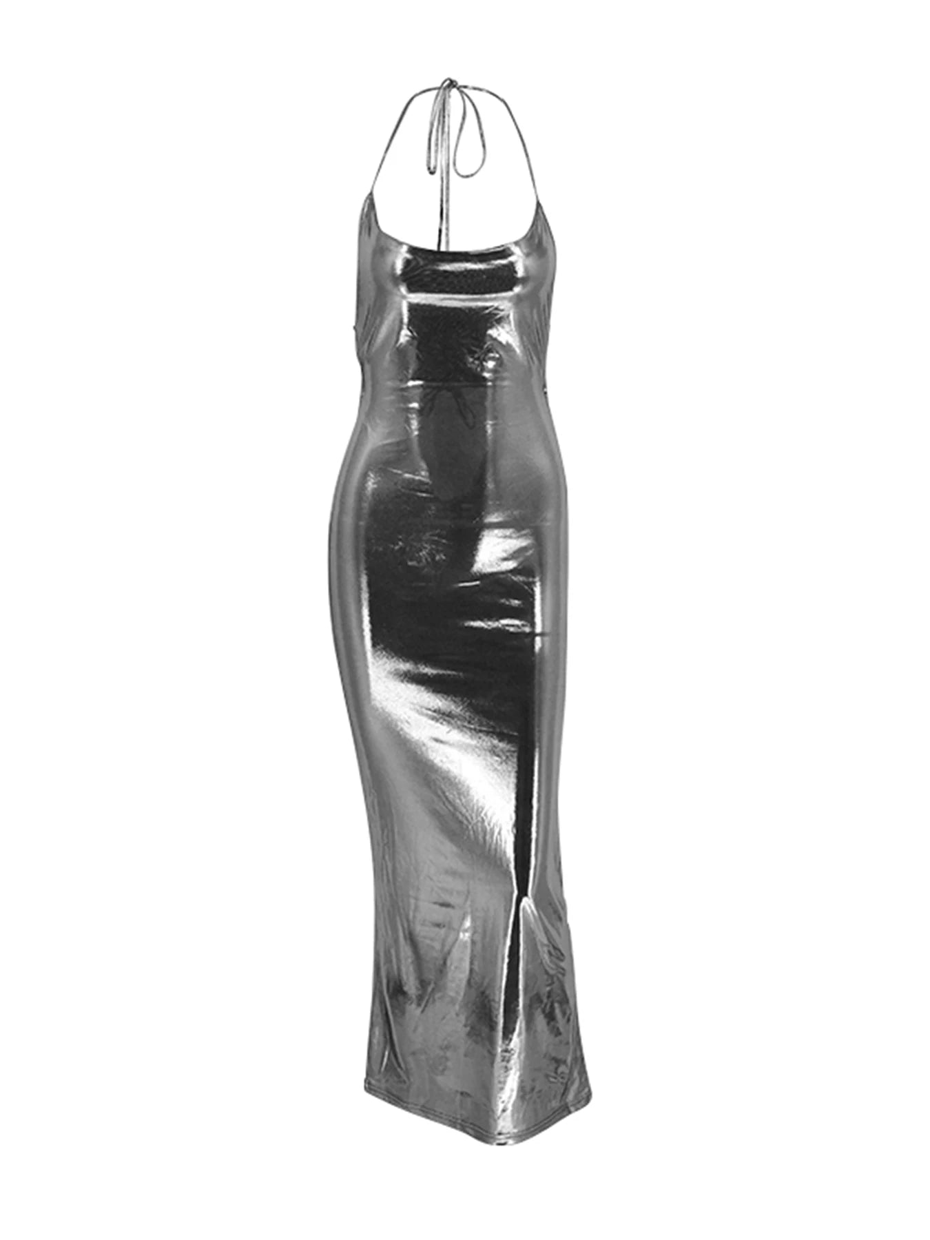 Metallic Backless Halter Dress