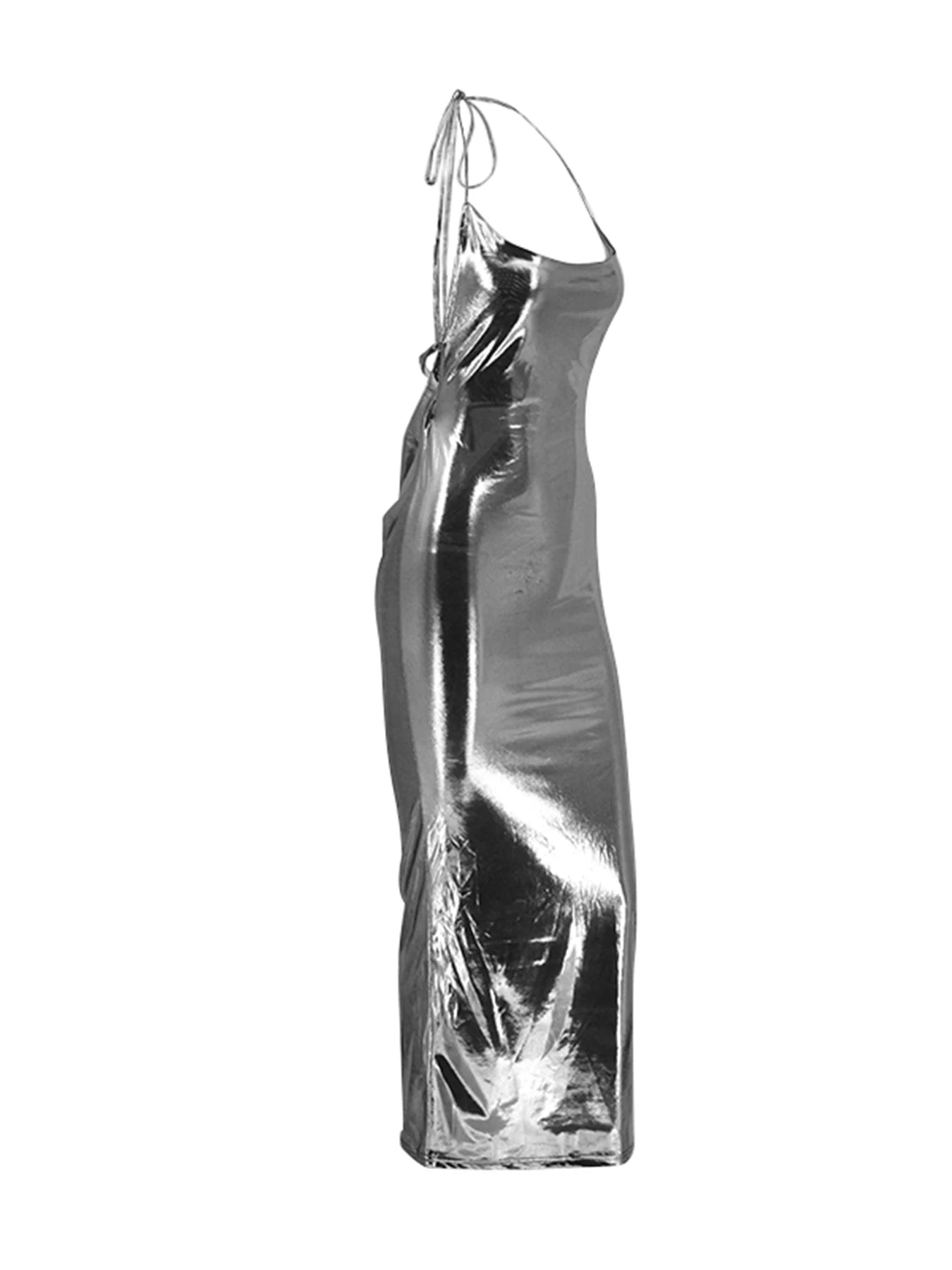 Metallic Backless Halter Dress
