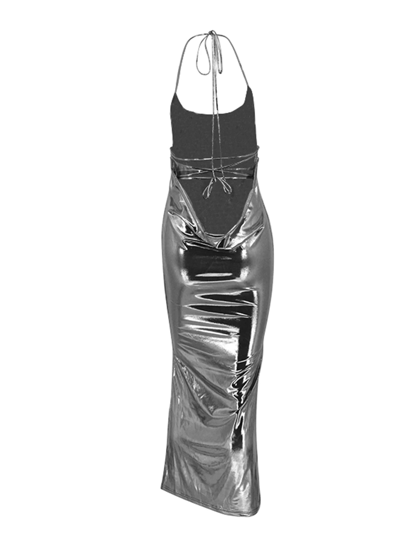 Metallic Backless Halter Dress