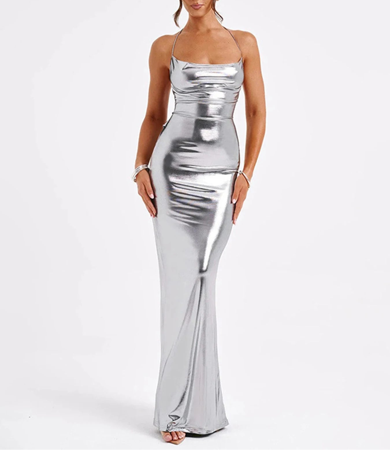 Metallic Backless Halter Dress